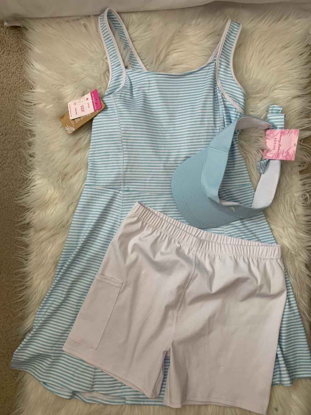 TOMMY BAHAMA Striped Pickleball Tennis Dress, Shorts, Visor Set Sz MEDIUM
